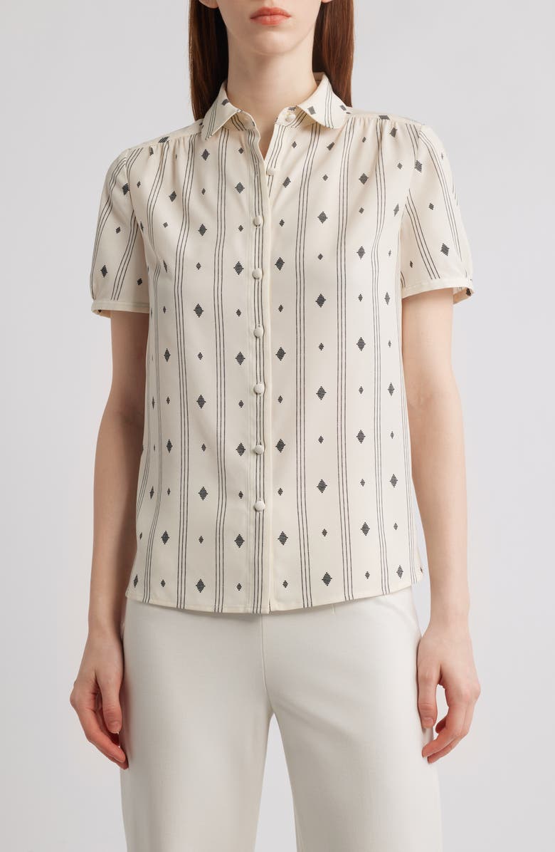Anne Klein Diamond Pattern Short Sleeve Button-Up Shirt, Main, color, White Dove/ Anne Black