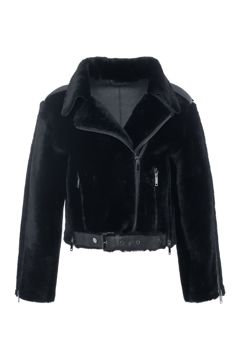 Genuine Shearling And Leather Moto Jacket, Alternate, color, BLACK