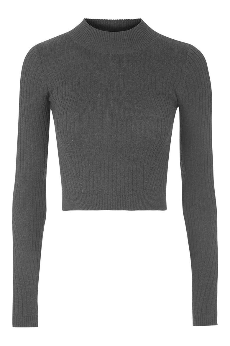 Ribbed Long Sleeve Crop Top, Alternate, color, CHARCOAL