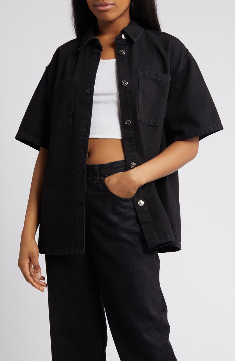 ASOS DESIGN Elbow Sleeve Longline Denim Button-Up Shirt, Main, color, 