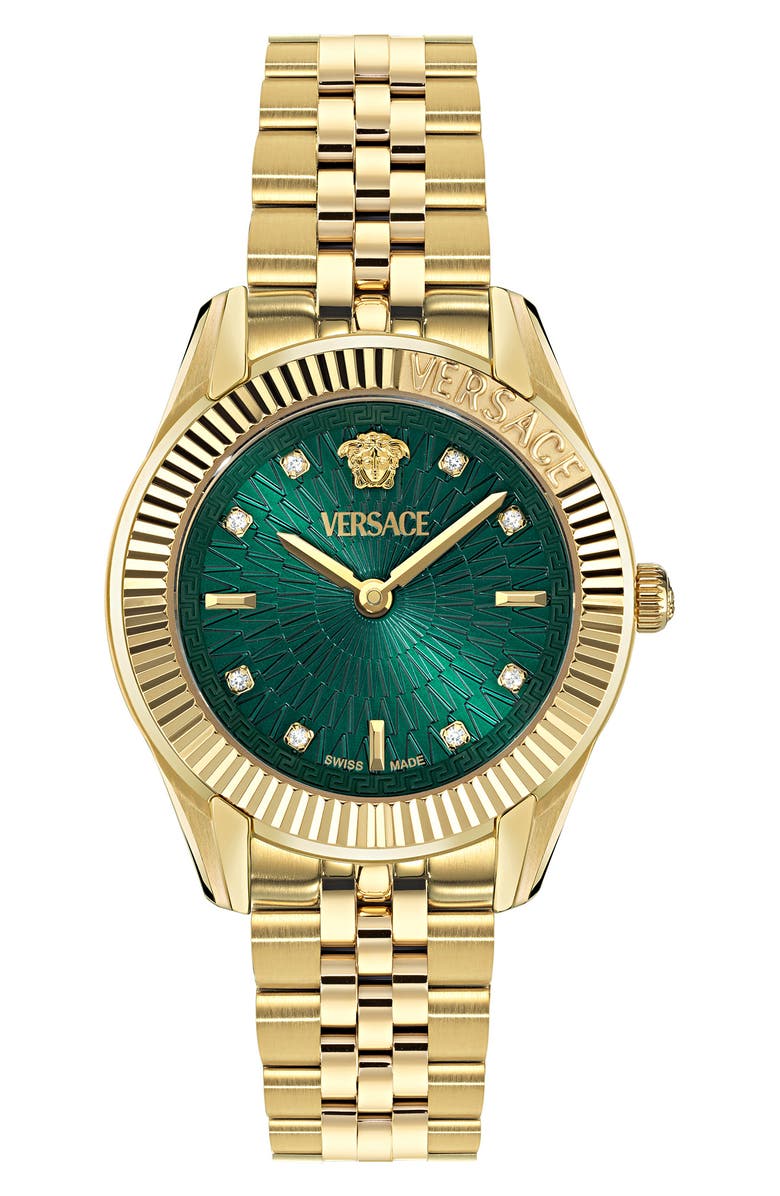 Versace Greca Time Diamond Bracelet Watch, 30mm, Main, color, Ip Yellow Gold/ Green