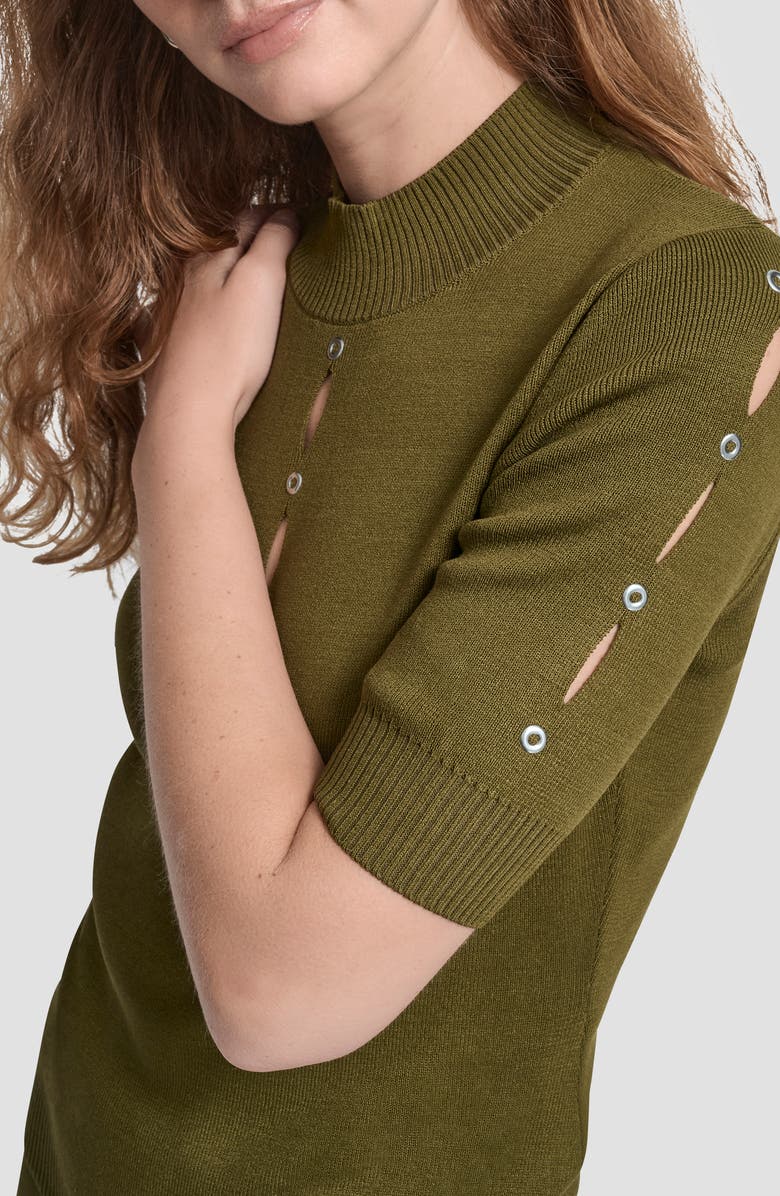 DKNY Cutout Grommet Mock Neck Sweater, Alternate, color, Dark Olive