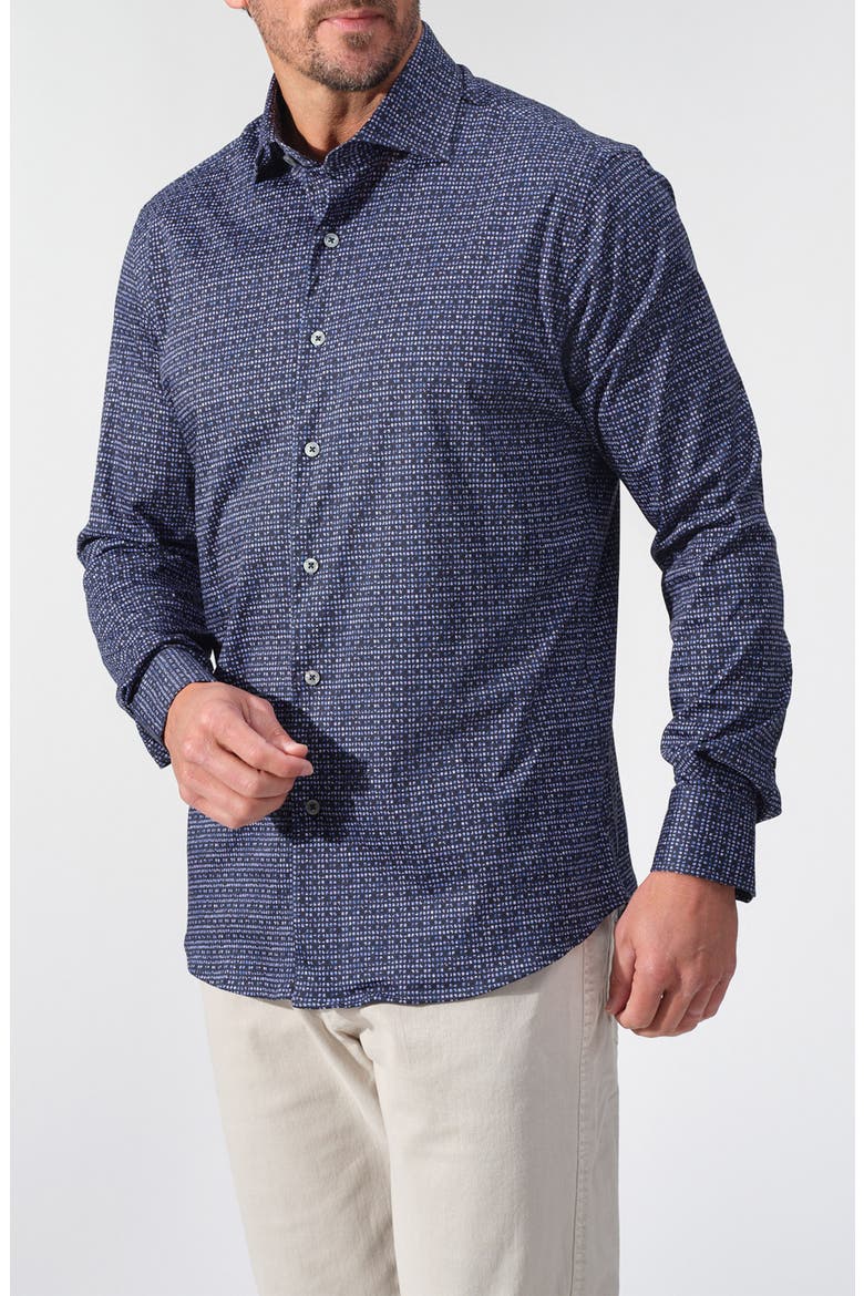 Geometric Print Dynamic Comfort Stretch Cotton Long Sleeve Button-Down Shirt, Main, color, NAVY
