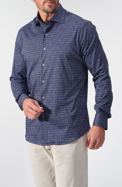 Geometric Print Dynamic Comfort Stretch Cotton Long Sleeve Button-Down Shirt
