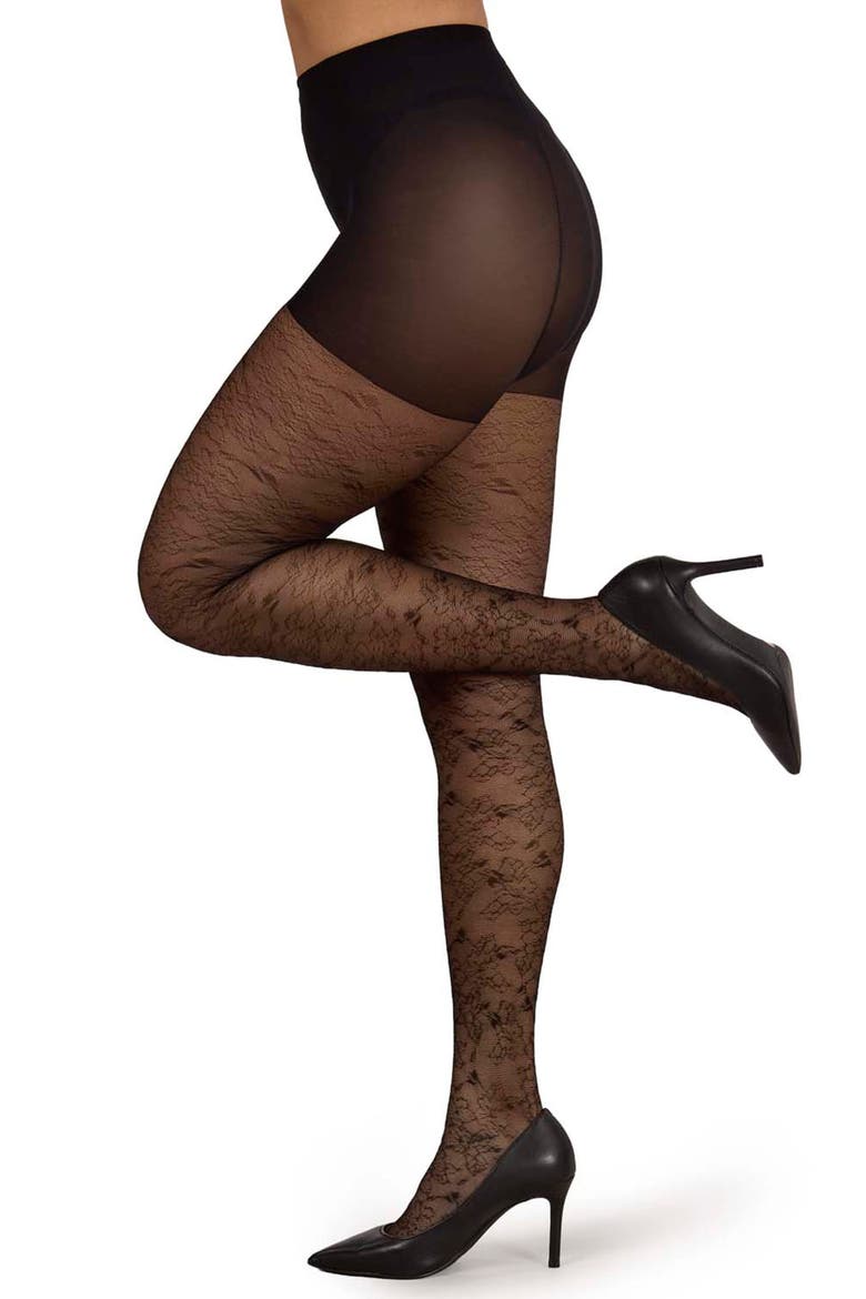 Sketch Floral Sheer Tights, Main, color, BLACK
