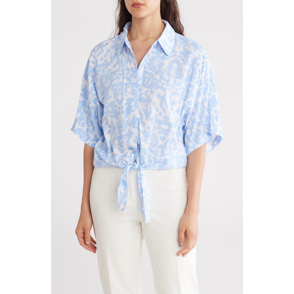 Ellen Tracy Dolman Sleeve Tie Hem Top In Baby Blue Damask