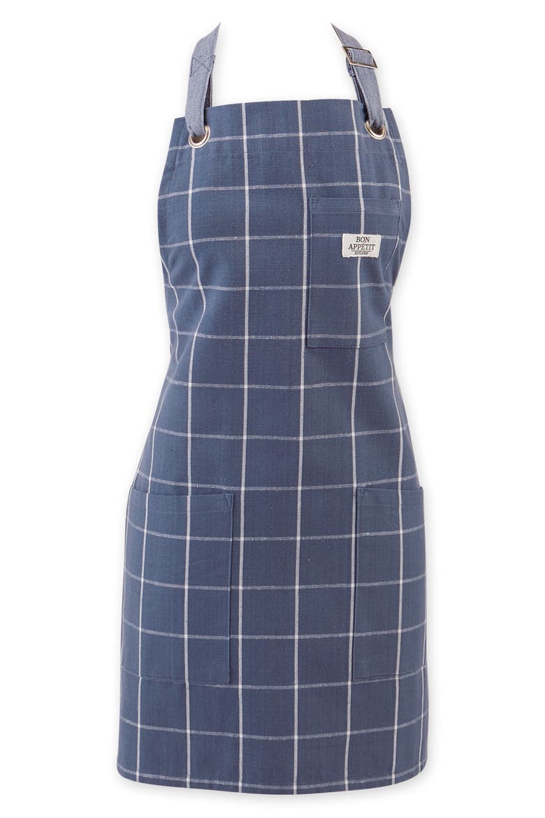 Windowpane Print Cotton Apron, Main, color, BLUE