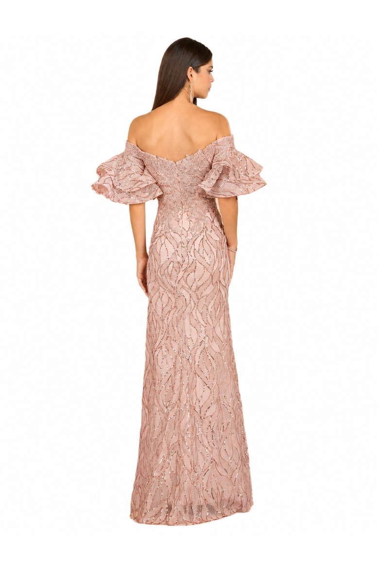 Off Shoulder Mermaid Beaded Gown with Tiered Sleeves, Alternate, color, Rose Gold