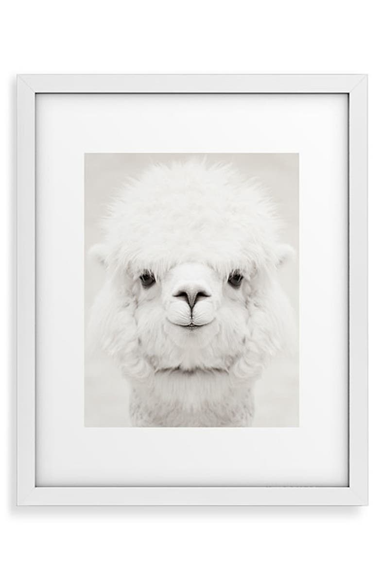 Deny Designs Smiling Alpaca Framed Art Print, Main, color, Black-White