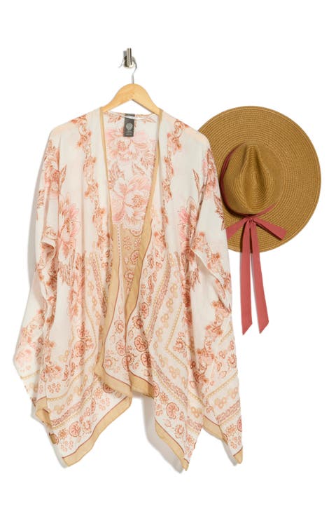 Floral Scarf Print Ruana & Straw Hat Set