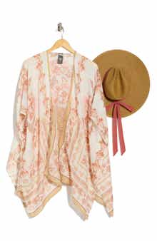 Vince Camuto Floral Scarf Print Ruana & Straw Hat Set