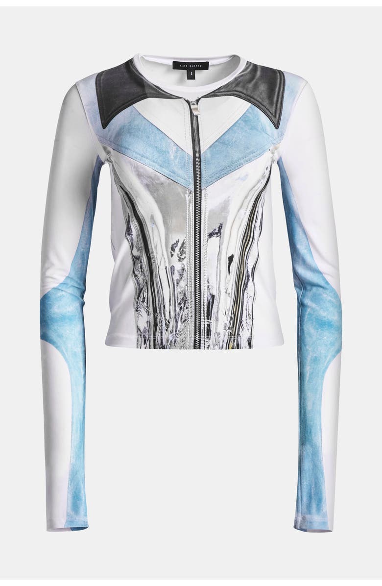 KATE BARTON Moto Jacket Illusion Print Long Sleeve Top, Alternate, color, White