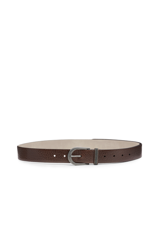 Brunello Cucinelli Adjustable Calf Leather Belt With Grained Texture In Brown