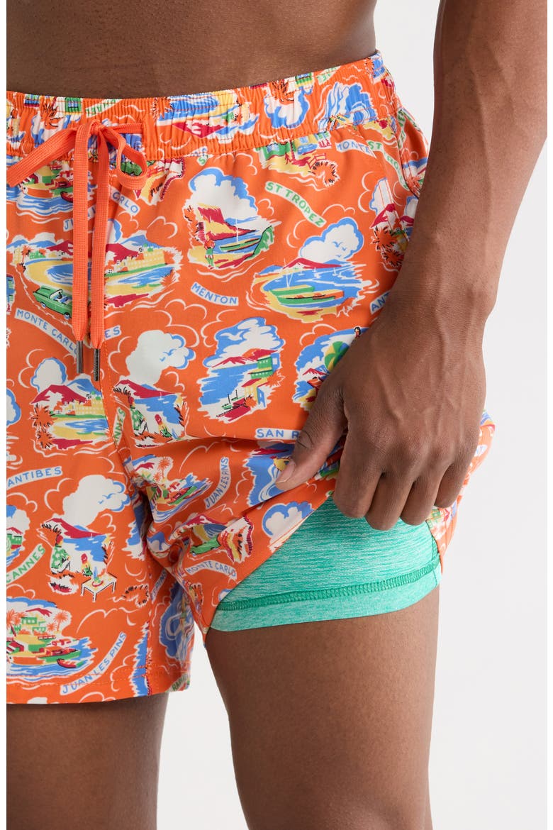 The Bungalow Print Swim Trunks, Alternate, color, RED COTE D AZURE