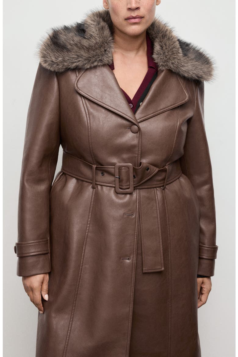 Fernanda Faux Leather Belted Coat with Removable Faux Fur Trim, Alternate, color, MEDIUM BROWN
