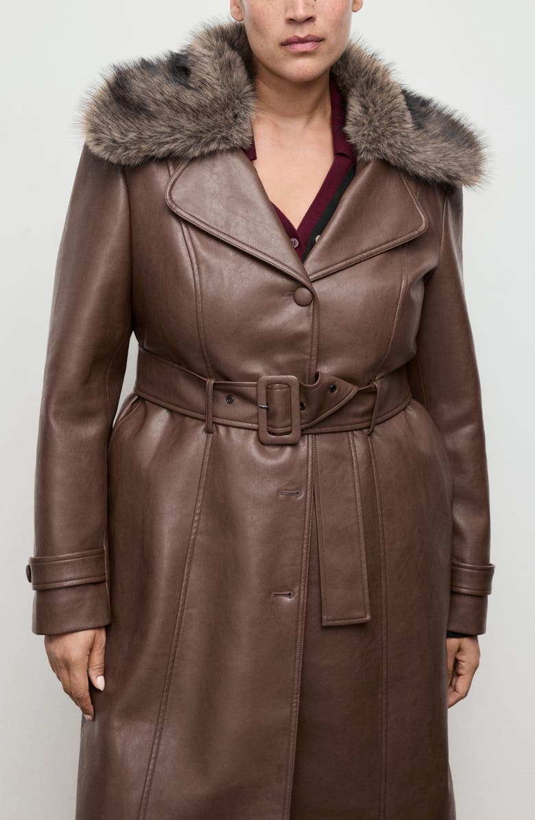 MANGO Fernanda Faux Leather Belted Coat with Removable Faux Fur Trim, Alternate, color, Medium Brown