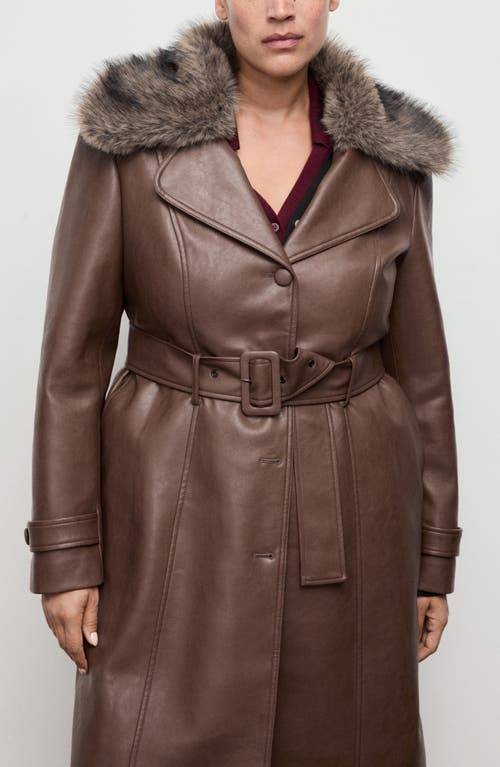 Mango Fernanda Faux Leather Belted Coat With Removable Faux Fur Trim In Brown
