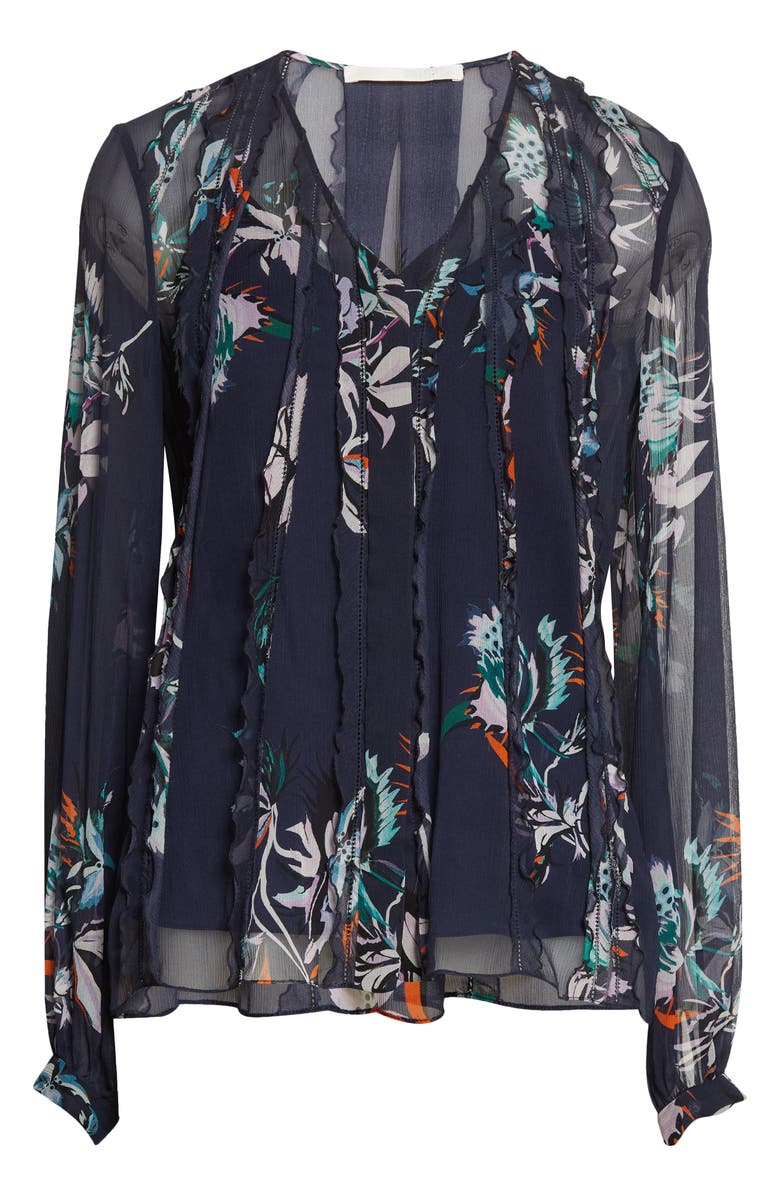 Jason Wu Collection Floral Crinkle Silk Chiffon Blouse, Alternate, color, Navy Lilac Multi