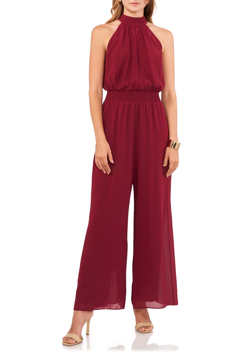 Tie Neck Chiffon Overlay Wide Leg Jumpsuit, Main, color, CRISP MERLOT