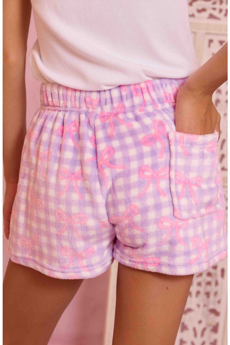 Kids' Gingham Bow Plush Pajama Shorts, Alternate, color, LAVENDER