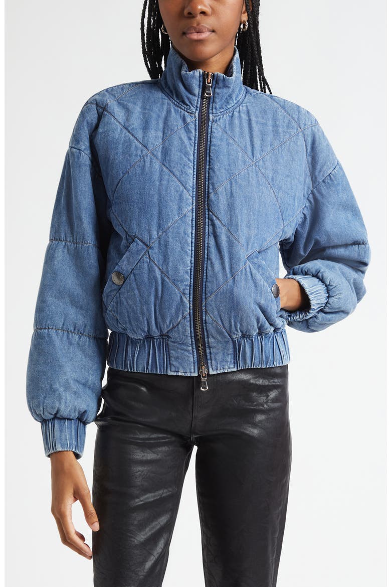 Ryah Washed Denim Quilted Bomber Jacket, Main, color, MED WASHED DENIM