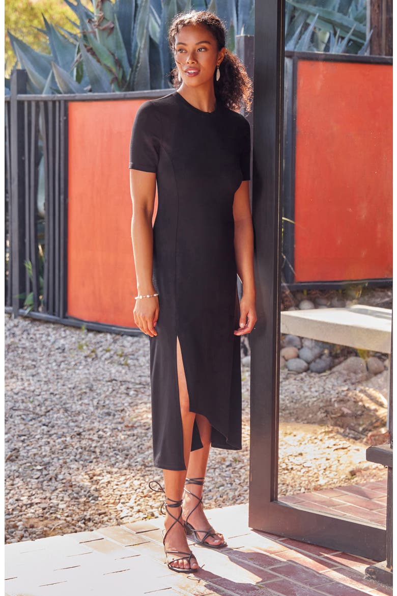 Asymmetric Slit Hem Midi Dress, Alternate, color, BLACK