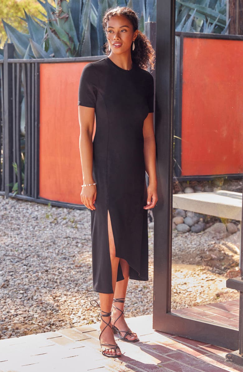 Karen Kane Asymmetric Slit Hem Midi Dress, Alternate, color, Black