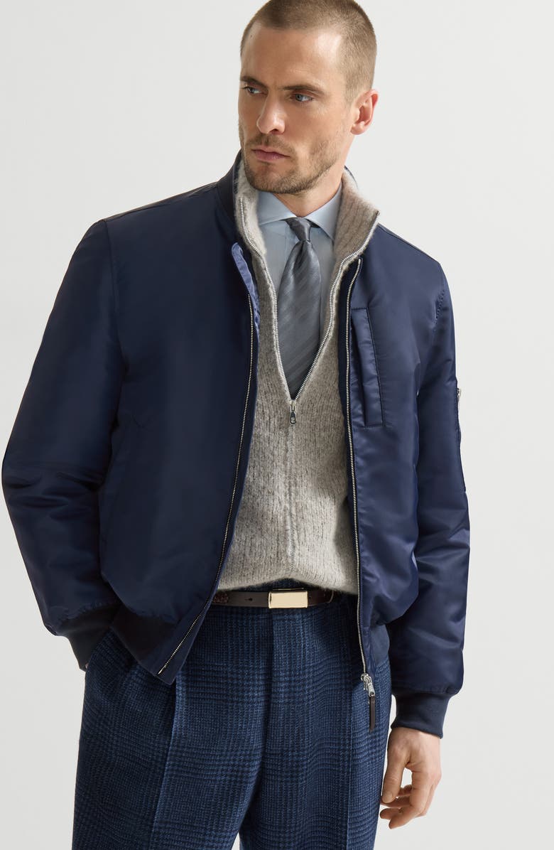 Brunello Cucinelli Water-resistant techno satin bomber jacket with Thermore<sup>®</sup> padding, Alternate, color, Navy Blue