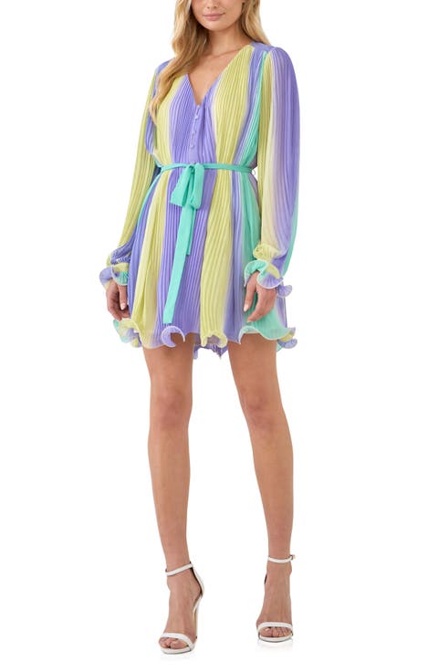 Stripe Pleated Long Sleeve Minidress
