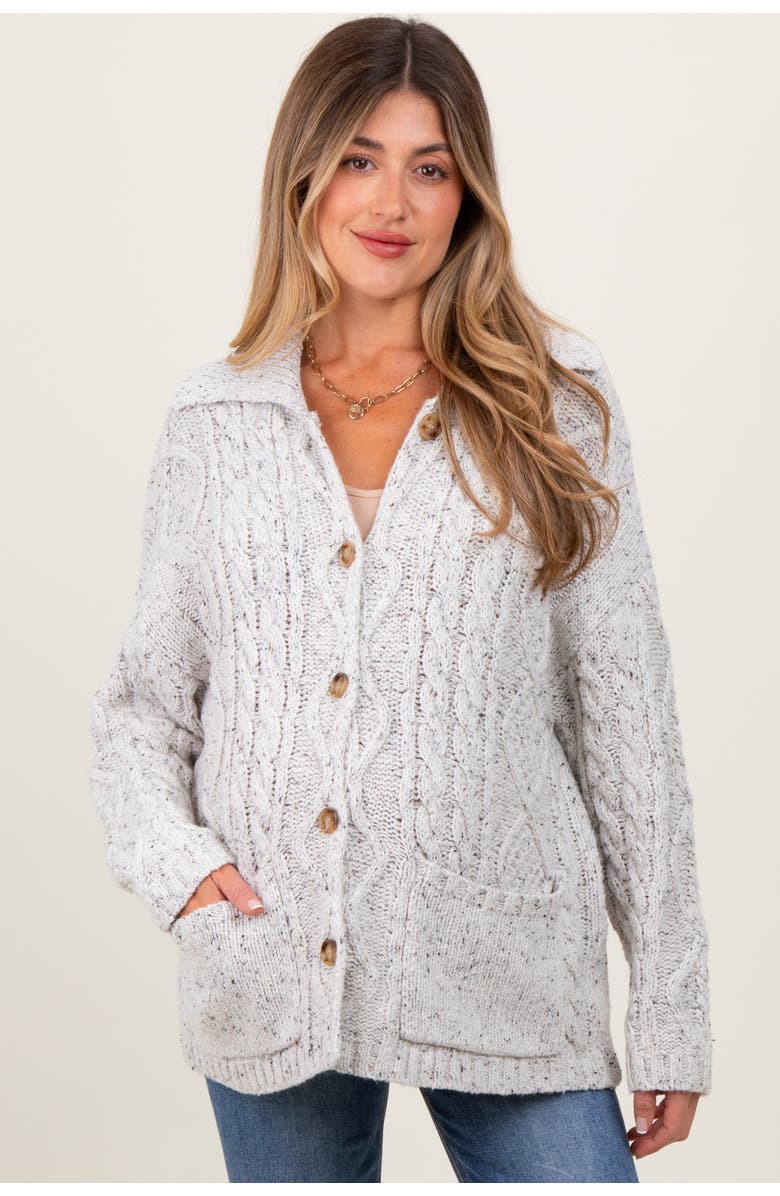 PinkBlush Cable Knit Collared Button Up Cardigan, Alternate, color, Heather Grey