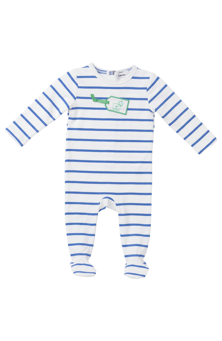 Jolie Capri Striped Tag Applique Long Sleeve Snap Back Romper, Main, color, White/Blue/Green