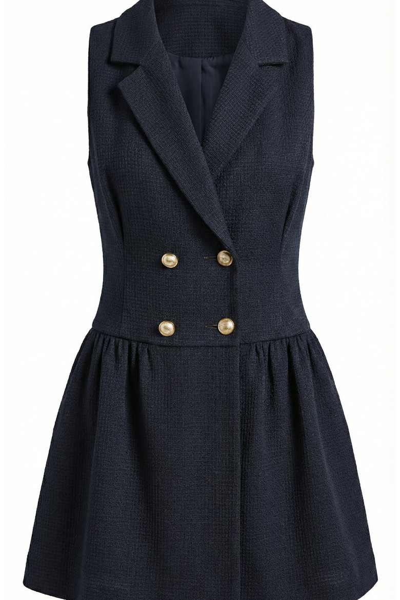 Sleeveless Blazer Dress with Double-Breasted Boucle Tweed and Flared Hem, Alternate, color, Black