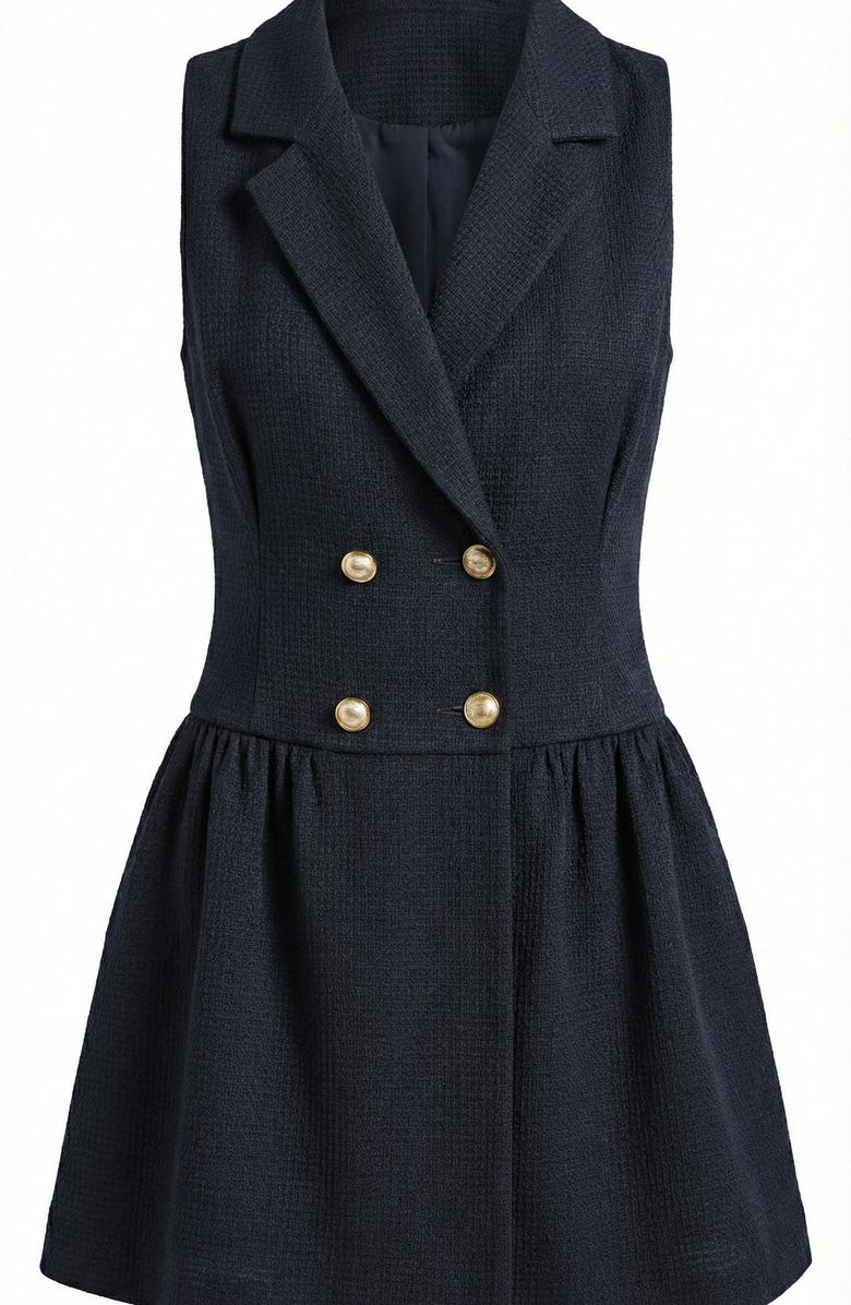 Modenaire Sleeveless Blazer Dress with Double-Breasted Boucle Tweed and Flared Hem, Alternate, color, Black