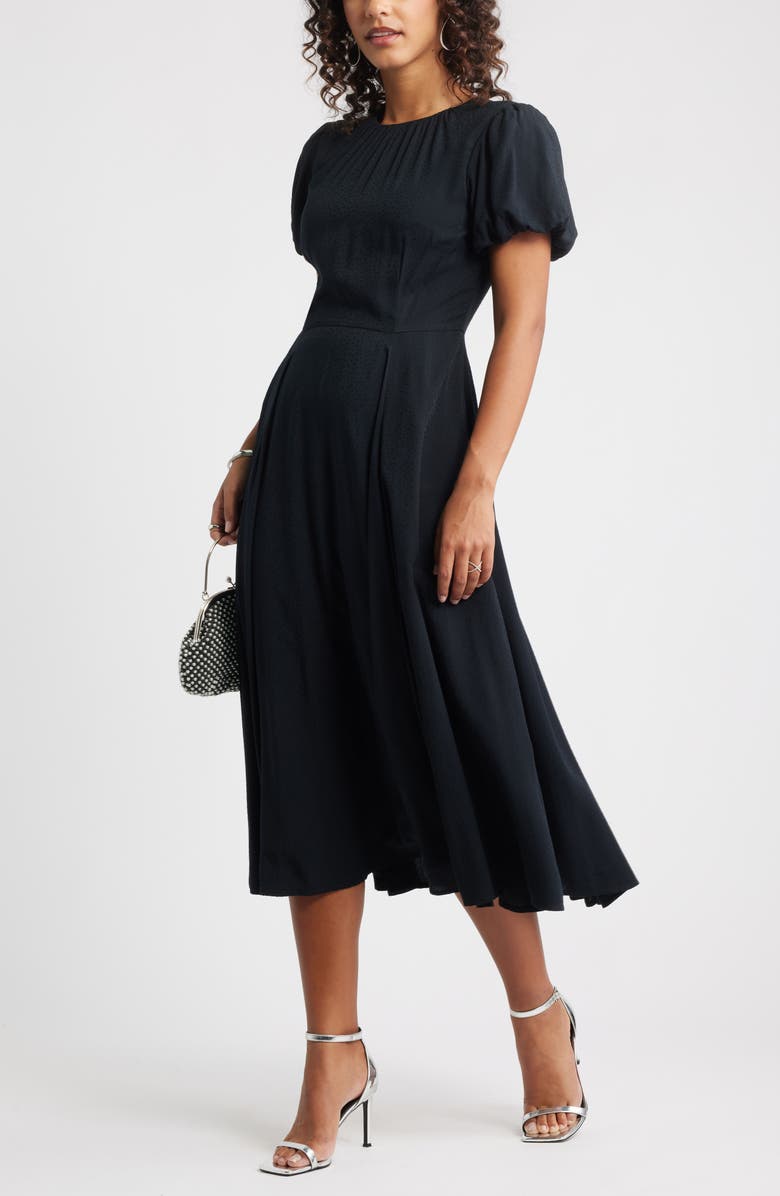 Chelsea28 Shirred Neck Puff Sleeve Midi Dress, Alternate, color, Black