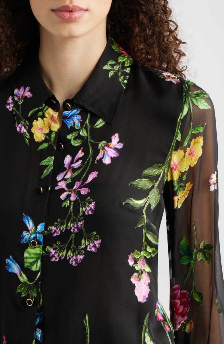 Elie Tahari The Janice Print Silk Blend Shirt, Alternate, color, Denim Garden Burnout