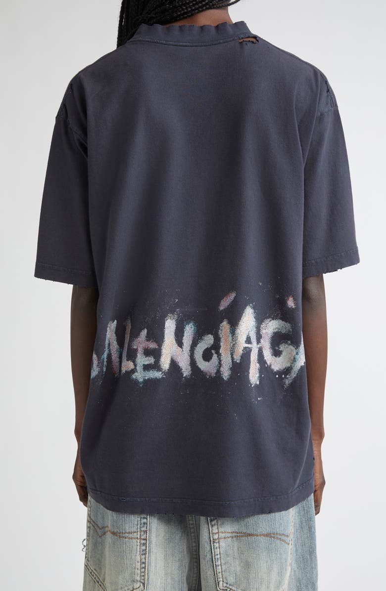 Balenciaga Medium Fit Nail Polish Distressed Logo Graphic T-Shirt, Alternate, color, 1041 Faded Washed Black