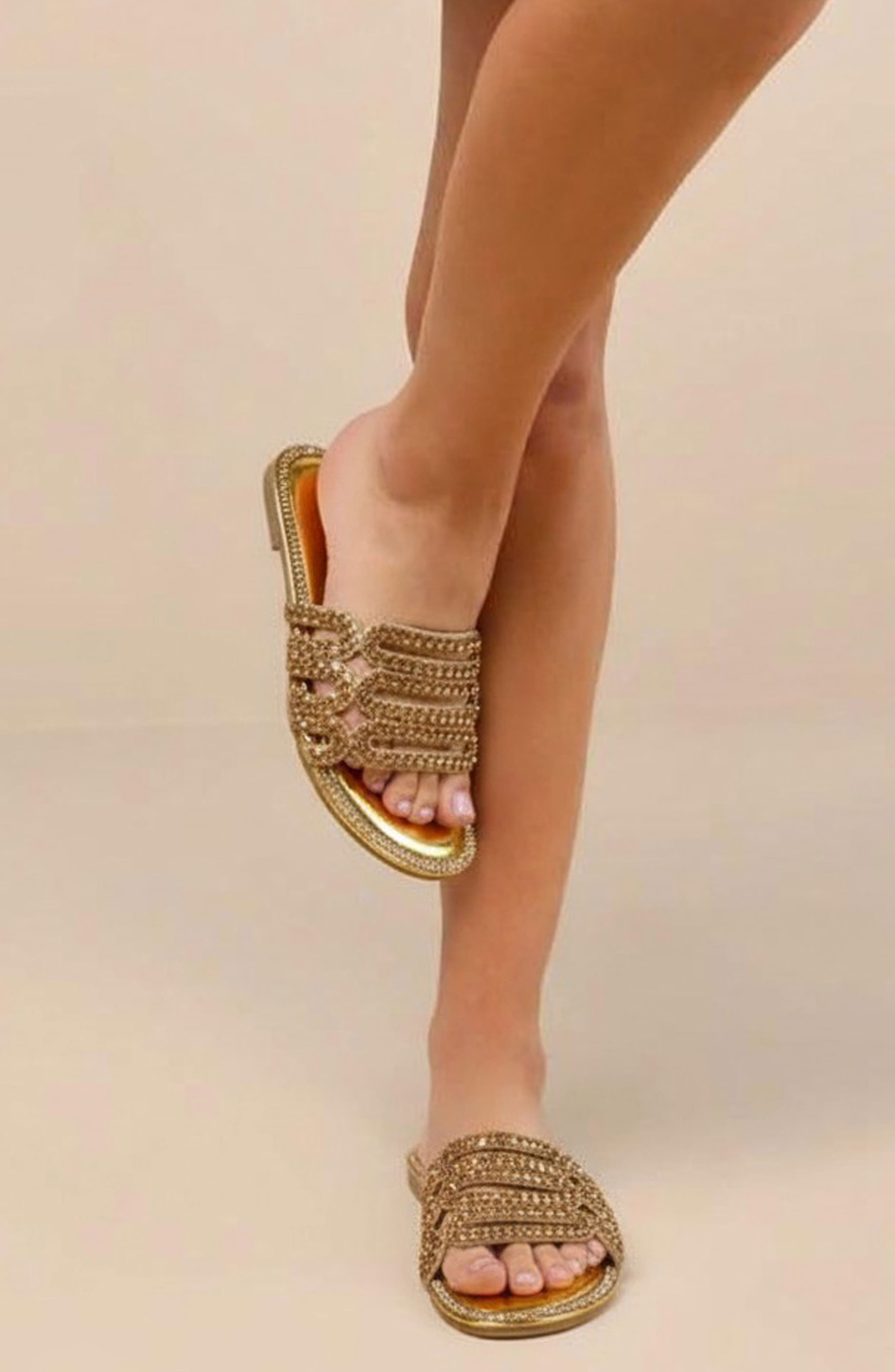 Rhinestone Embellished Slide Sandal, Alternate, color, GOLD METALLIC