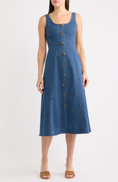 Button Detail Sleeveless Flared Denim Dress