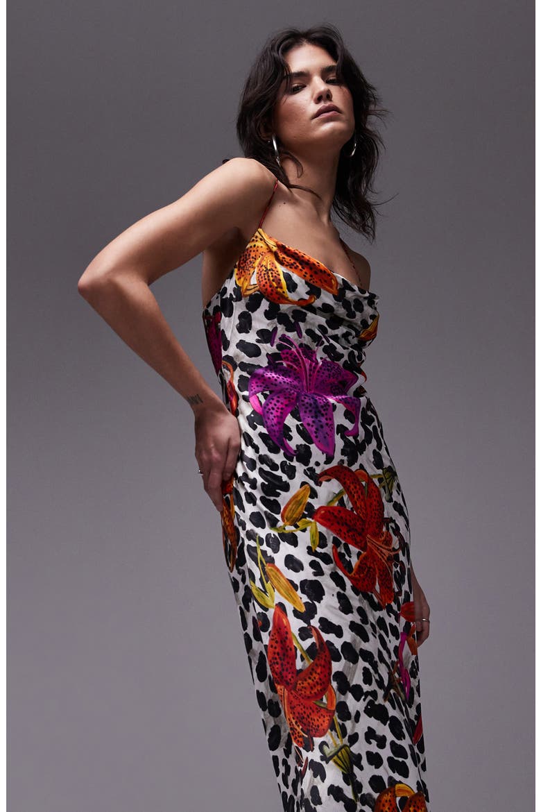 Print Cowl Neck Open Back Midi Slipdress, Alternate, color, WHITE MULTI