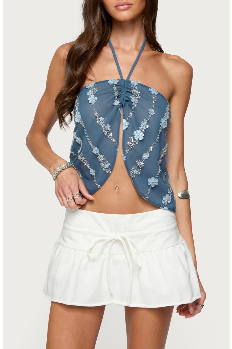 Floral Beaded Sequin Split Chiffon Halter Top, Main, color, DARK-BLUE