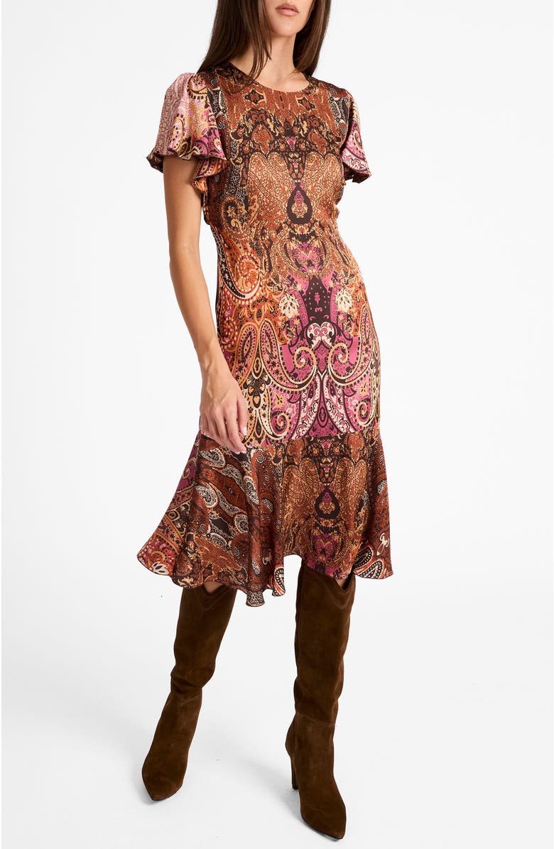 Santorelli Grazia Flutter Sleeve Sheath Dress in Printed Charmeuse, Main, color, Chestnut Multi