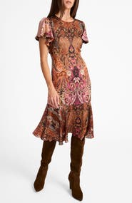 Santorelli Grazia Flutter Sleeve Sheath Dress in Printed Charmeuse