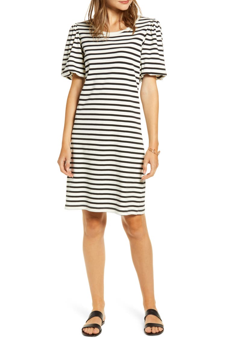 Bubble Sleeve T-Shirt Dress, Main, color, BLACK JERSEY STRIPE