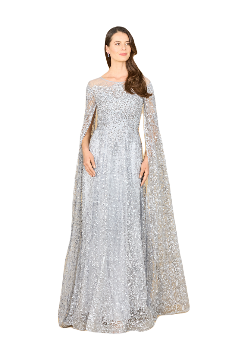 LARA New York Lace Gown with Dramatic Cape Sleeves, Main, color, Slate