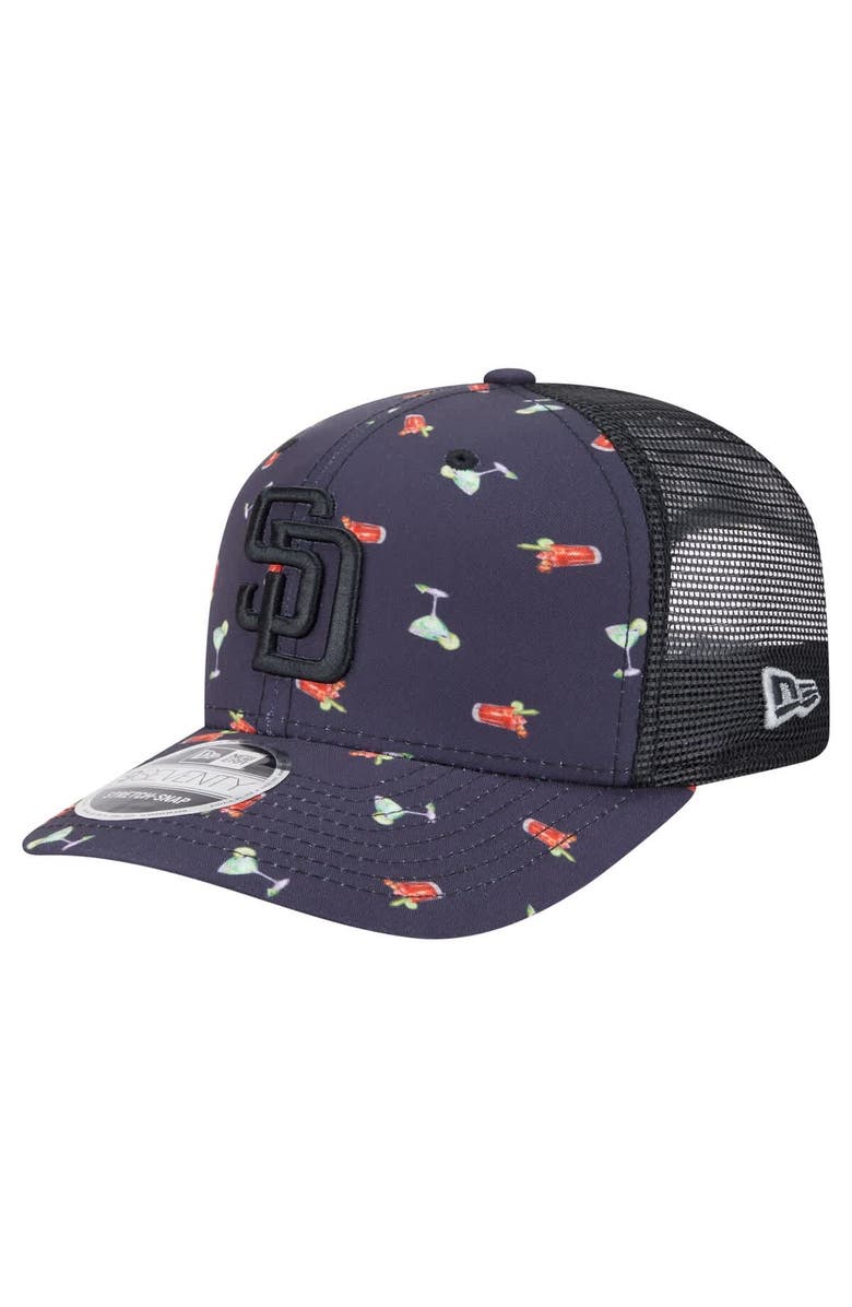 New Era Men's New Era Black San Diego Padres Adventure Drinks Pattern 9SEVENTY Stretch-Snap Hat, Main, color, 