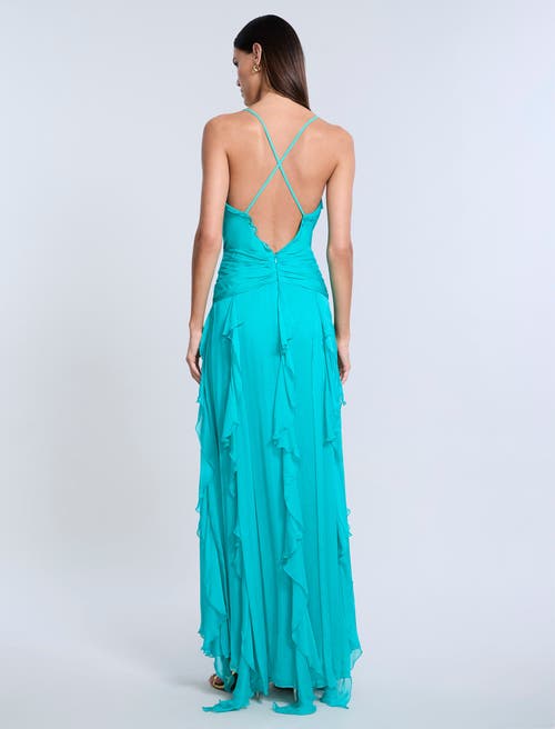 Bcbg Ruffle Halter Chiffon Gown In Blue