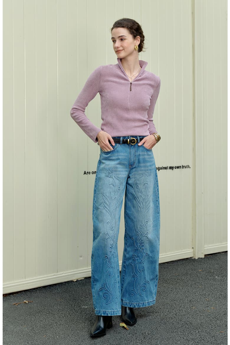 High Waist Embroidered Detail Wide Leg Jeans, Alternate, color, MEDIUM BLUE