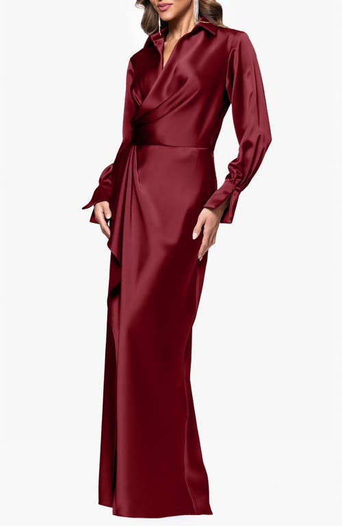 Xscape Evenings Collar Long Sleeve Satin Gown In Burgundy