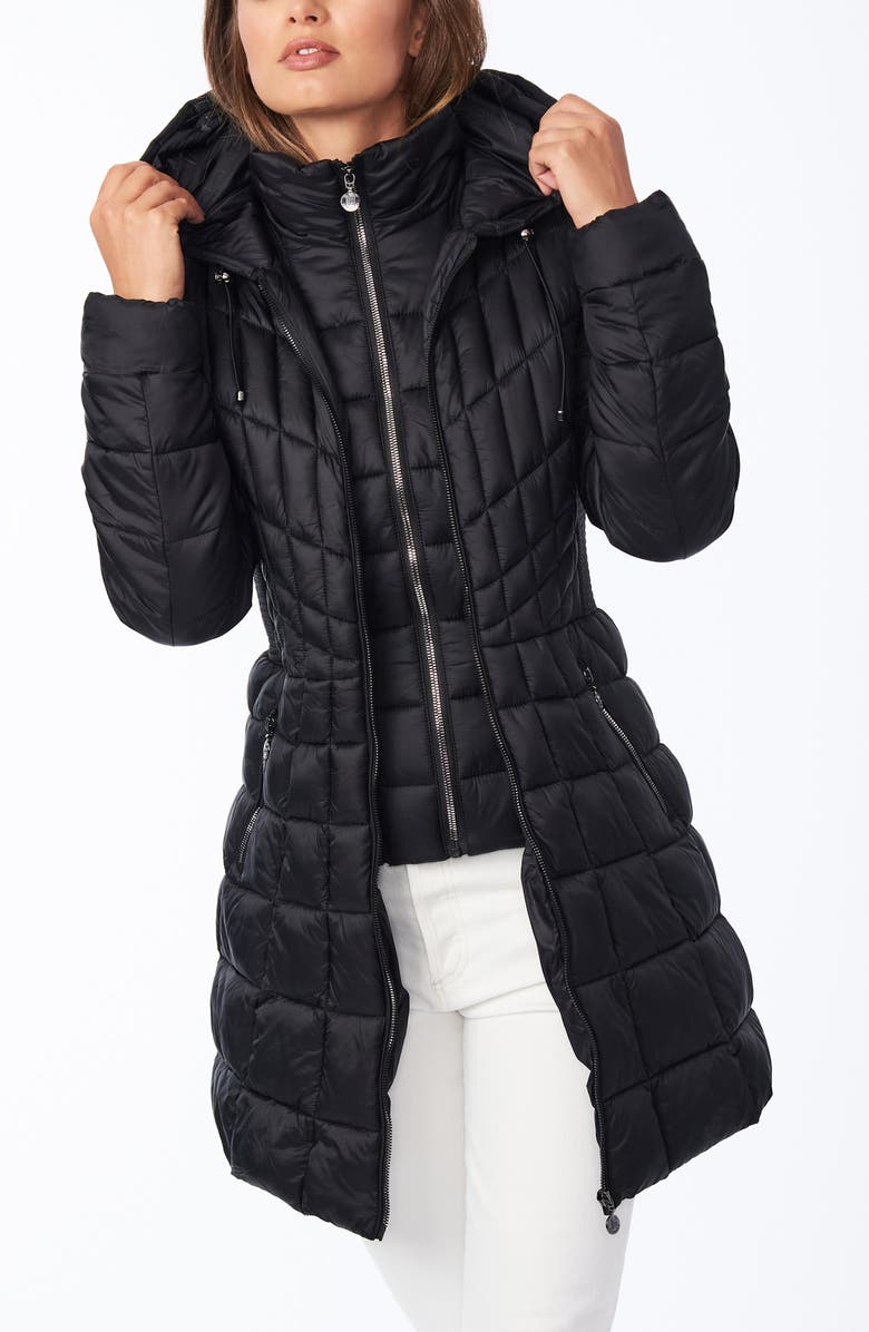 Bernardo Packable Hooded Fill Coat with Contrast Inset Bib, Alternate, color,