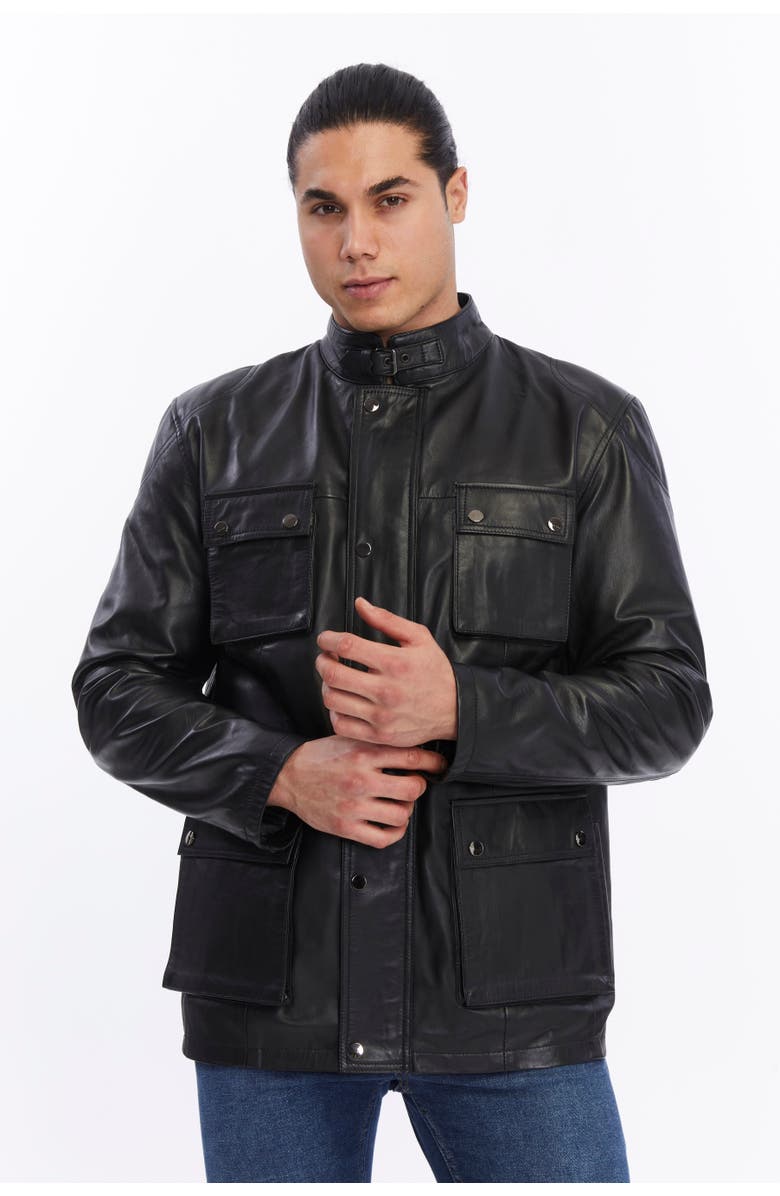 FURNIQ UK Utility Leather Jacket, Main, color, Black
